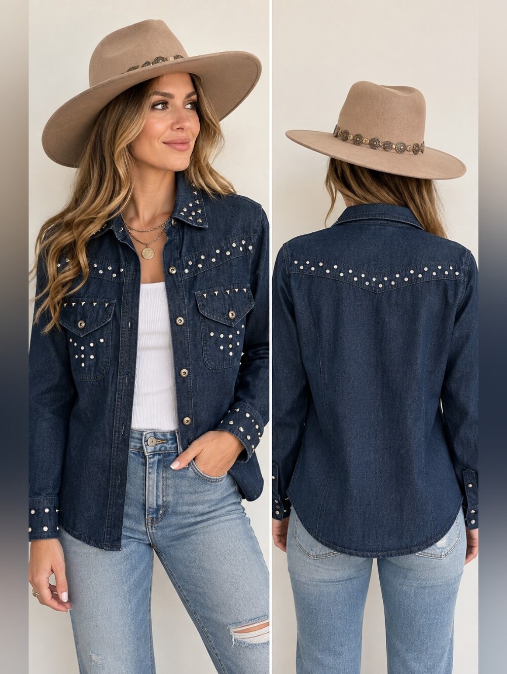 Lew Magram Vintage Studded Denim Western Shirt Jacket Size Small USA Made